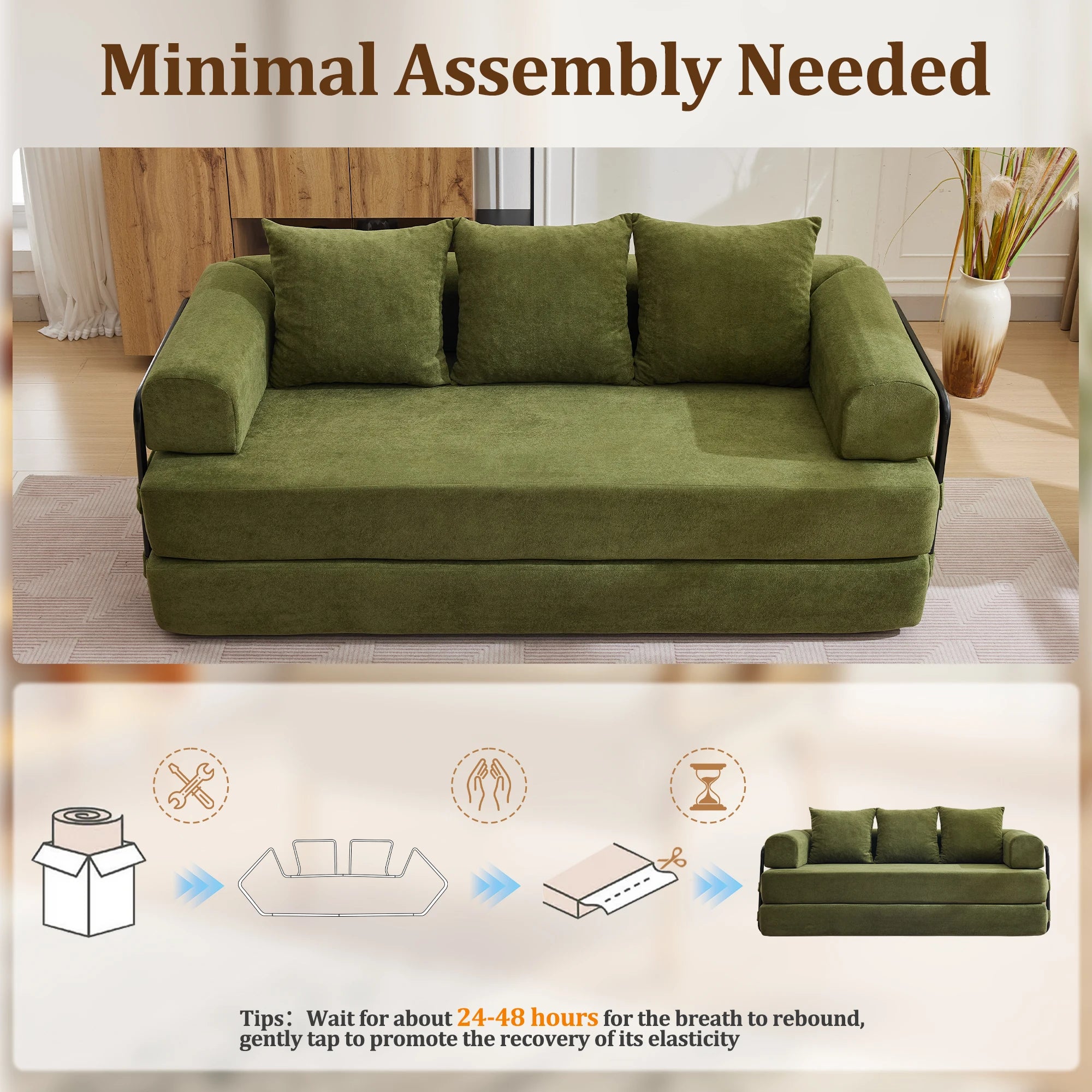 Convertible Sofa Bed with Pillows Modular Floor Sofa with Fixed-Shape Frame Chenille, Removable Folding Mattress Couch