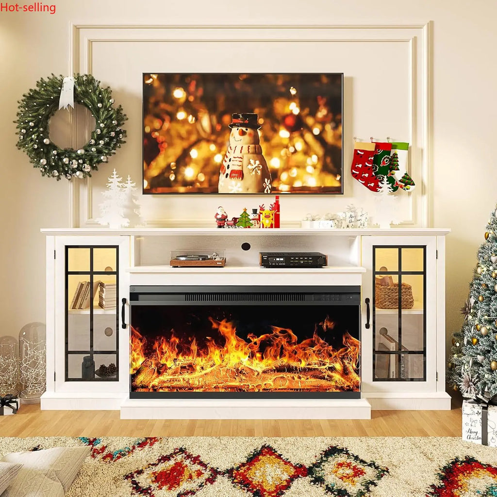 36 Inch 3-Sided Glass Fireplace TV Stand for TVs up to 80",Rustic Media Entertainment Center/Console Table with Glass Door/Storage