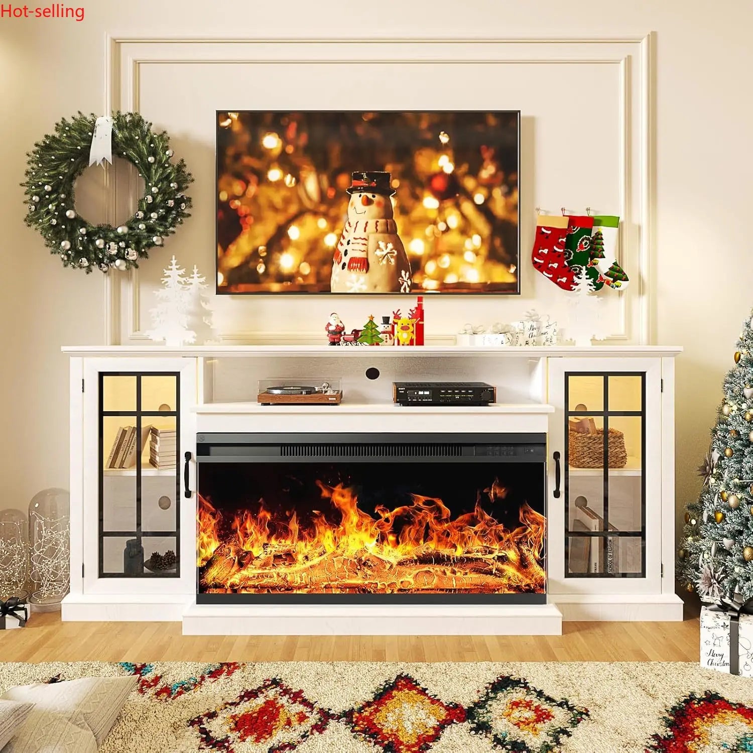 36 Inch 3-Sided Glass Fireplace TV Stand for TVs up to 80",Rustic Media Entertainment Center/Console Table with Glass Door/Storage