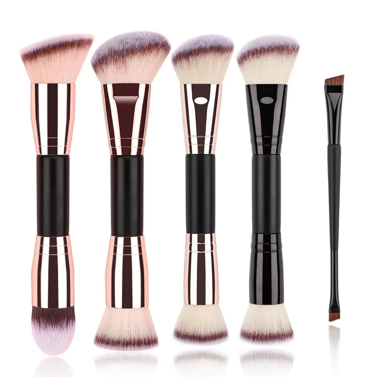 2pcs Double-Ended Foundation Brush Set - Round, Flat Beveled Ends, Soft Nylon Bristles ABS Handle, Unscented Universal Skin Type