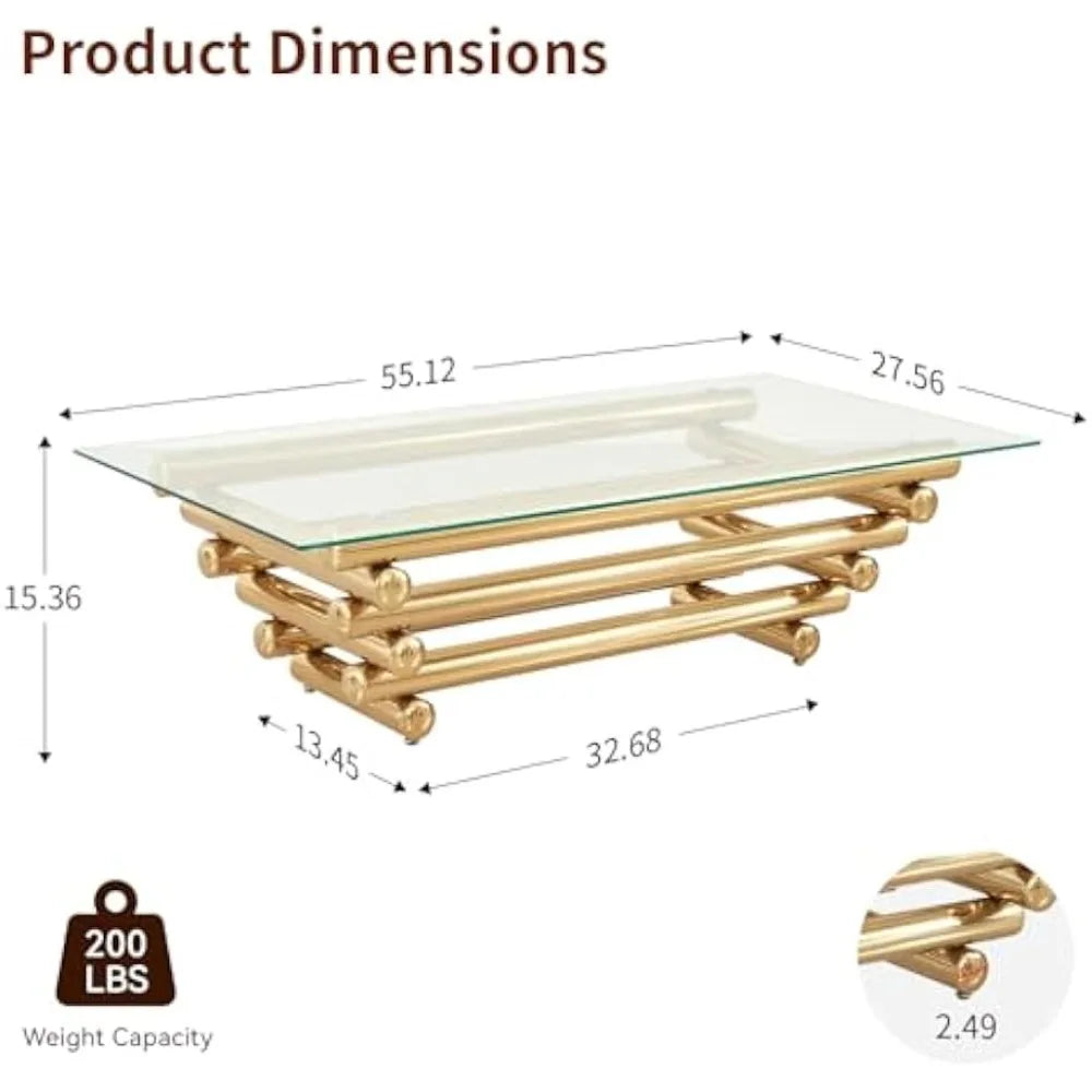 55" Glass Coffee Table, Modern Gold Coffee Table for Living Room, Rectangular Tempered Glass Top with Stainless Steel Legs