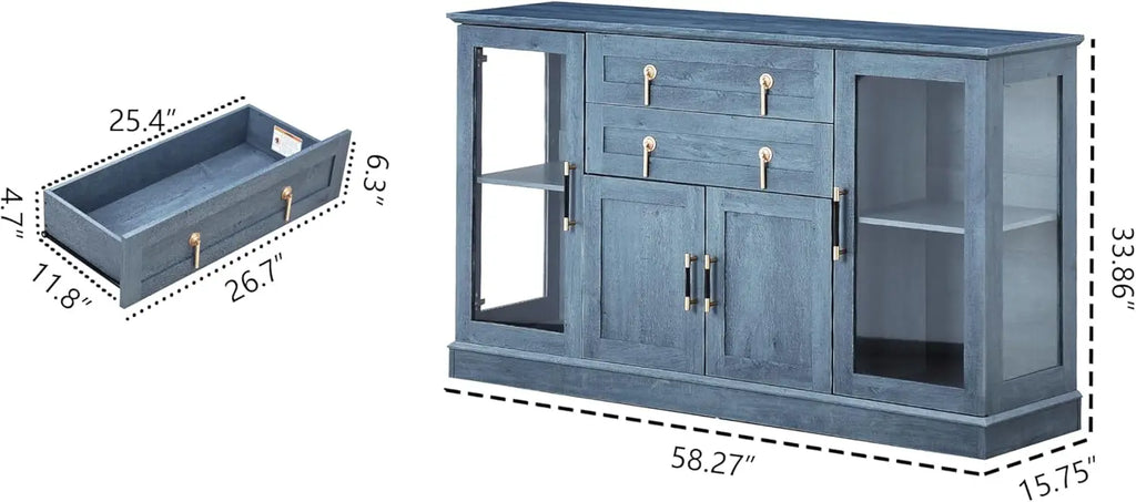 58.2'' Modern Sideboard with Storage, Accent Buffet Cabinet with 2 Glass Doors, Credenza with Two Drawers and Adjustable Shelves