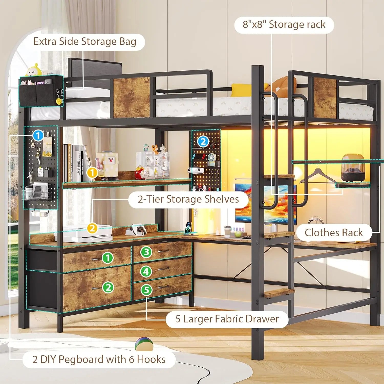 Full Size Loft Bed with L-Shaped Desk, 5 Drawers, LED Lights & Charging Station, Rustic Brown