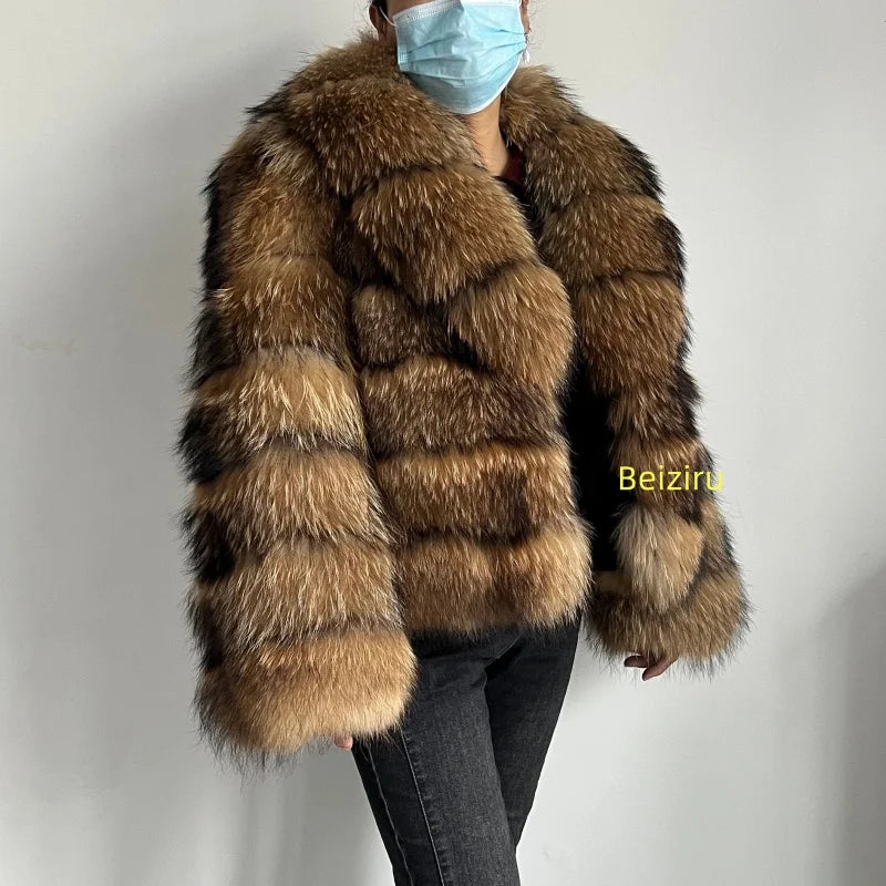 BEIZIRU Women's Real Raccoon Fur Coat Winter Long Sleeve Hooded Jacket with Turndown Collar/ Natural Luxury /Thick Top