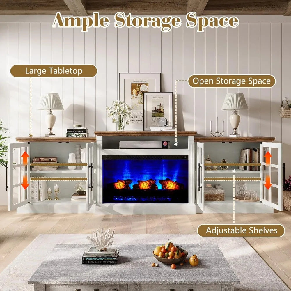 97" Farmhouse TV Stand with 33" Fireplace for TVs up to 100", Media Entertainment Center with Large Storage Cabinet