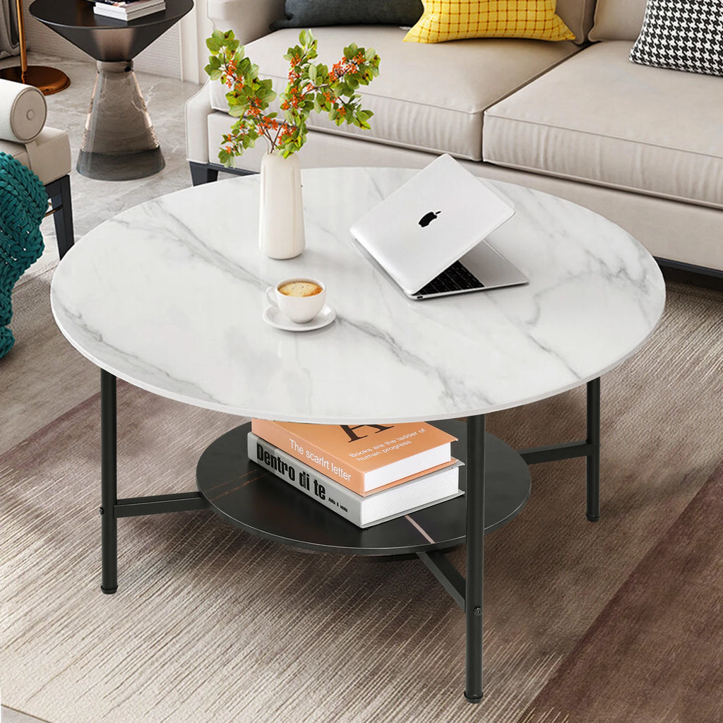 2 Tier Round Coffee Table Modern High End Sintered Stone Desk Home Furniture Table Metal Frame for Living Room, Bedroom