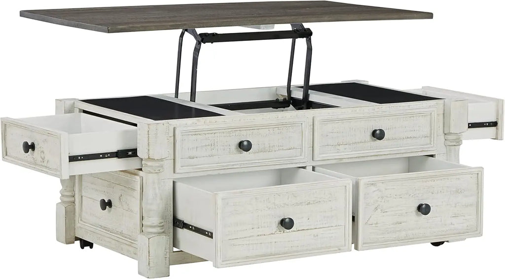 Farmhouse Lift Top Coffee Table with 4 Storage Drawers and Small Storage Tray, Whitewash