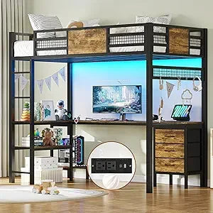 Twin Loft Bed with L-Shaped Desk, Metal Twin Size Bed Frame with LED Lights & Charging Sation, 3 Fabric Drawers, 2-Tier Storage