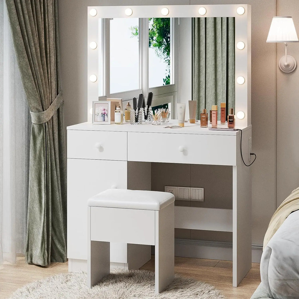 Vanity Desk with Mirror and Lights, White with Power Outlet and 3 Color Light Modes