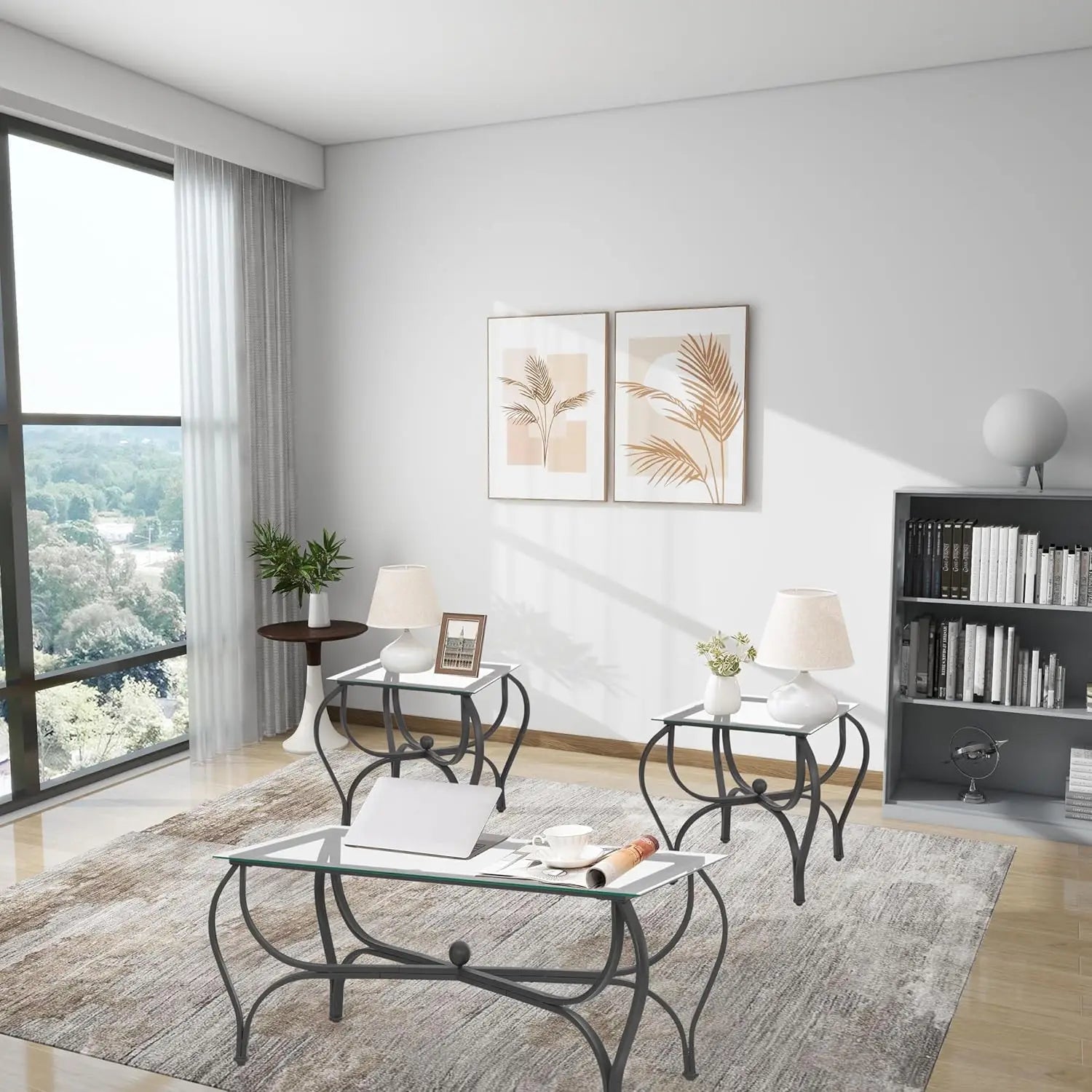 3-Piece Coffee Table Set, Tempered Glass Surface Living Room Sets, Coffee Table & 2 End Side Table, Metal Frame