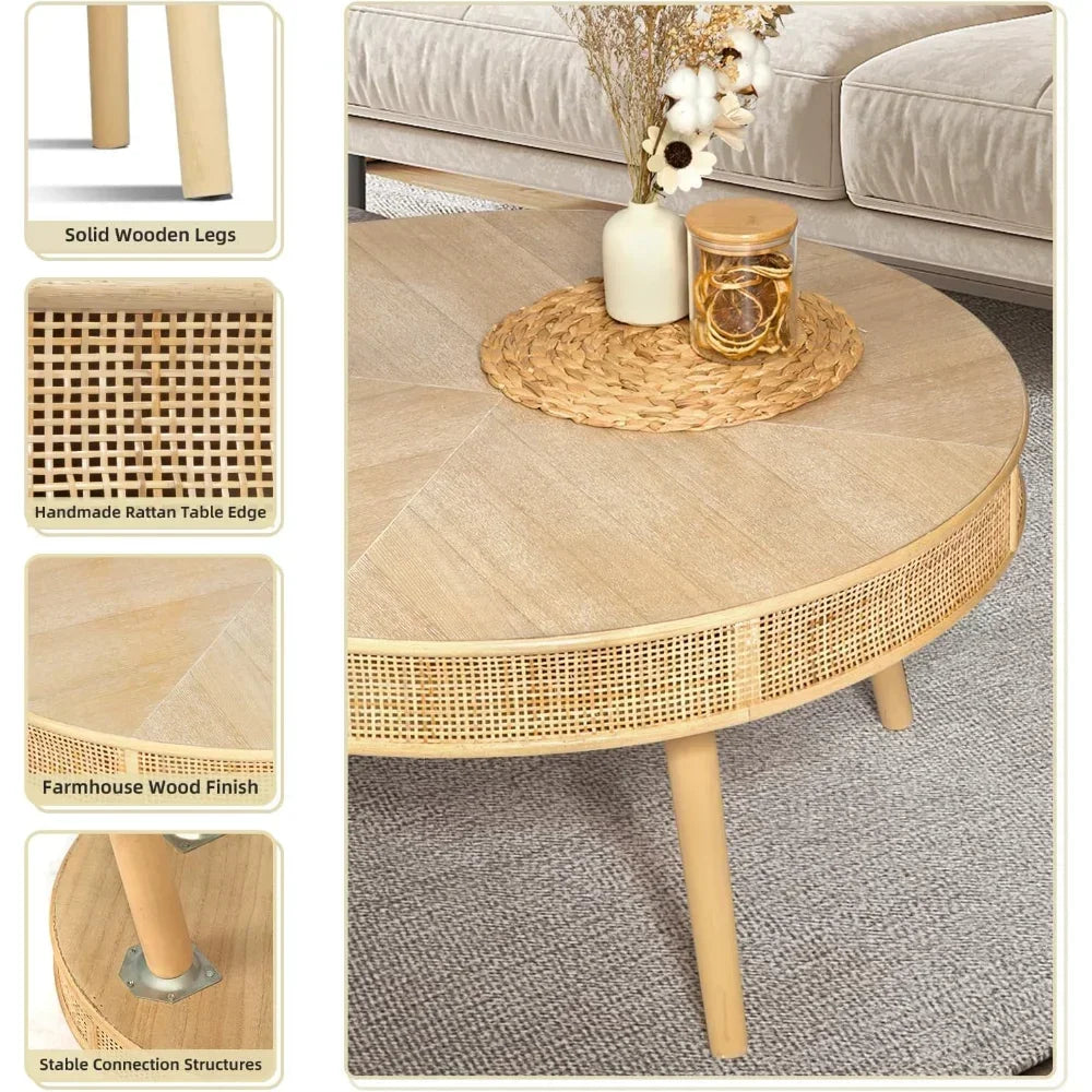 2-Piece Modern Rustic Coffee Table Set Solid Wood Finish Sofa Side Tea Tables with Crafted Rattan End Table