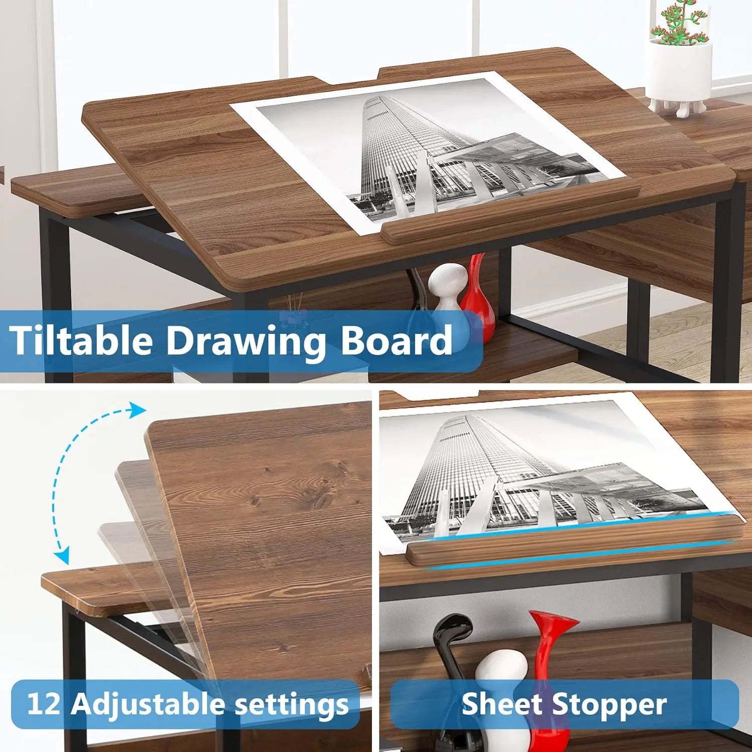 Drafting Table with Storage Drawers, Drawing, Computer Desk, Artist Craft Table, Painting, Workstation with Shelves & Tiltable