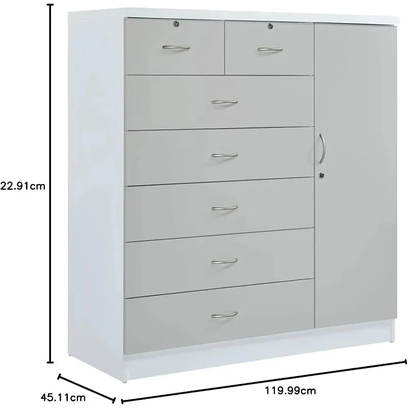 7-Drawer Large Chest with 5 Big Drawers, 2 Small Drawers, Locks, Hanging Rod, and 3 Shelves in Grey-White