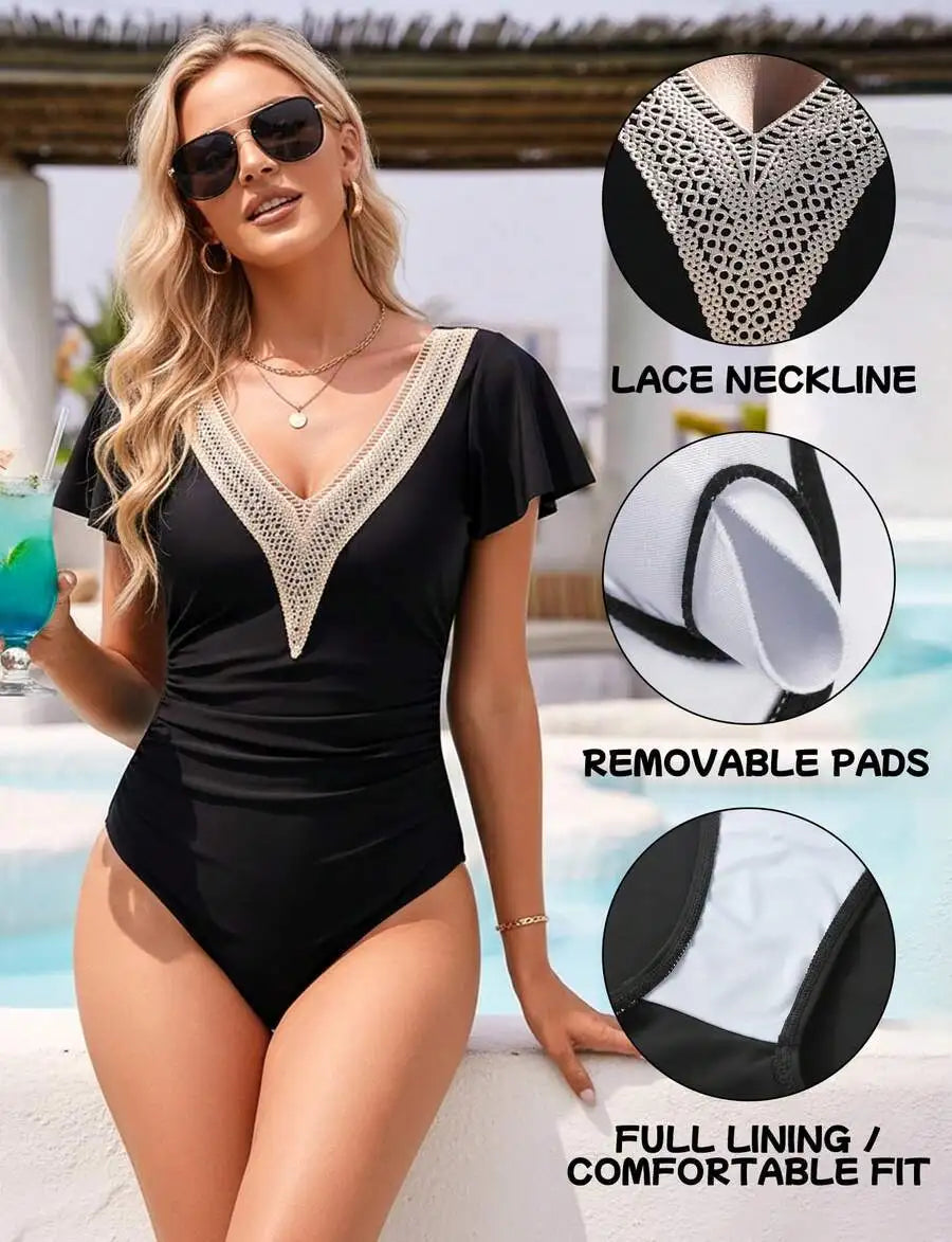 Women Lace V Neck One Piece Swimsuit Slimming Monokini With Removable Bra Pads