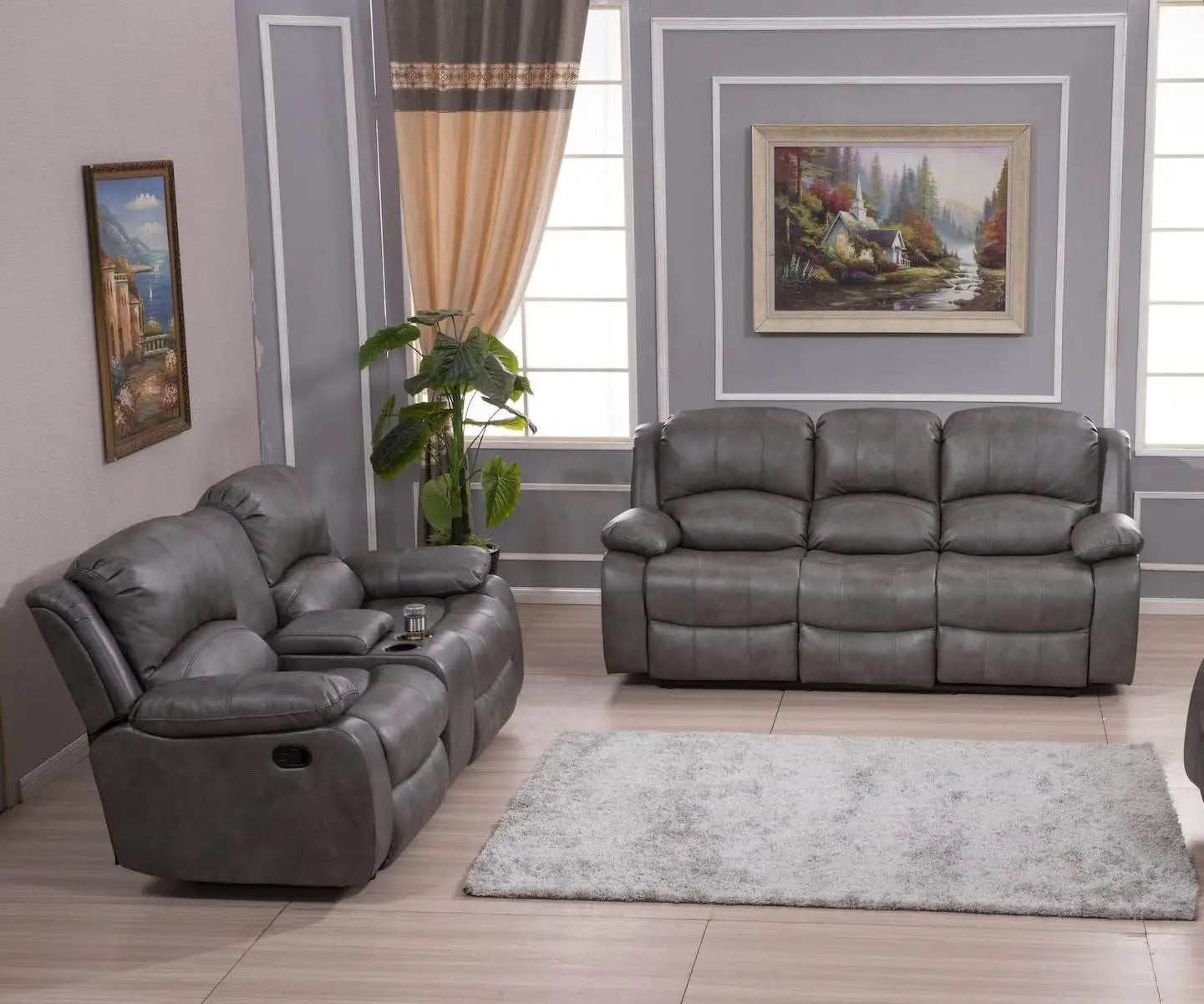 2PC Leather Air Reclining Sofa Loveseat Set Living Room Set 8018 Multiple Colors (Gray)