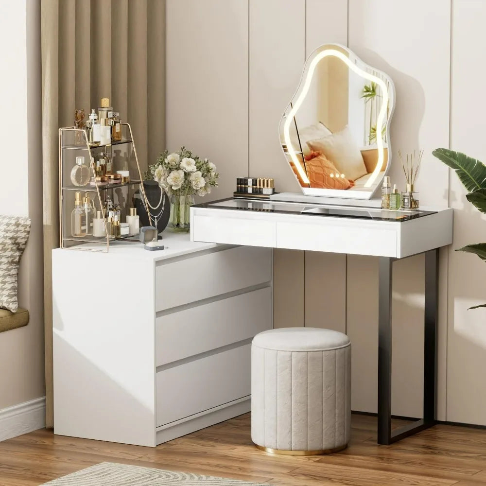 Modern L-Shaped Corner Vanity Desk with Glass Top, Mirror, and Lighting, 58-Inch Large Dressing Table with Two Drawers