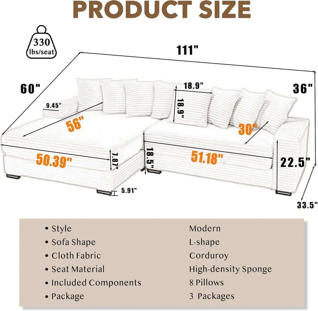 111'' Modern Sectional Sofa, L-Shaped Corduroy Couch with Left Chaise Daybed, Extra-Wide Oversized Lounge