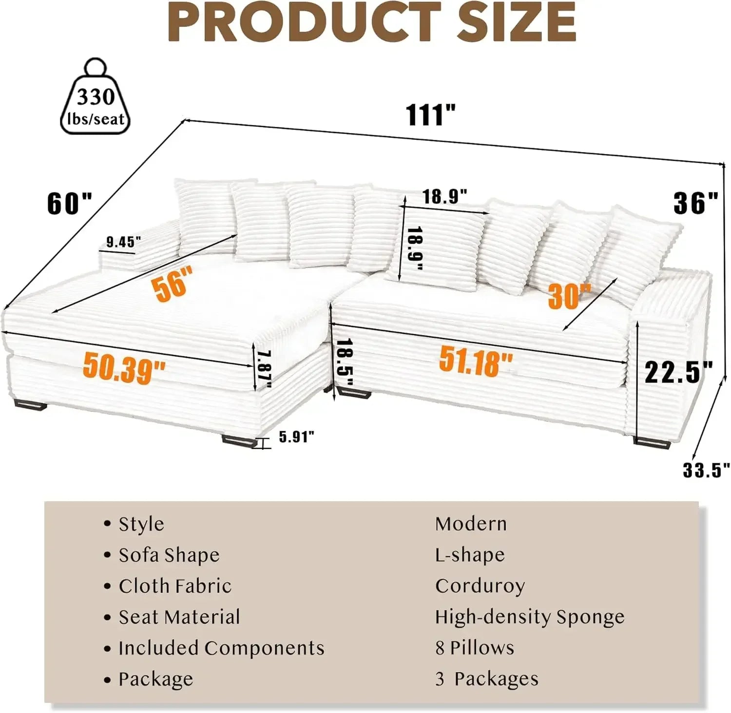 111'' Modern Sectional Sofa, L-Shaped Corduroy Couch with Left Chaise Daybed, Extra-Wide Oversized Lounge