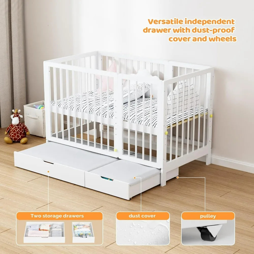 Joymor 8-in-1 Convertible Crib with Changer, Including 2-Inch Mattress, Transforms into Bassinet, Mid-Sized Crib, Full-Size Crib