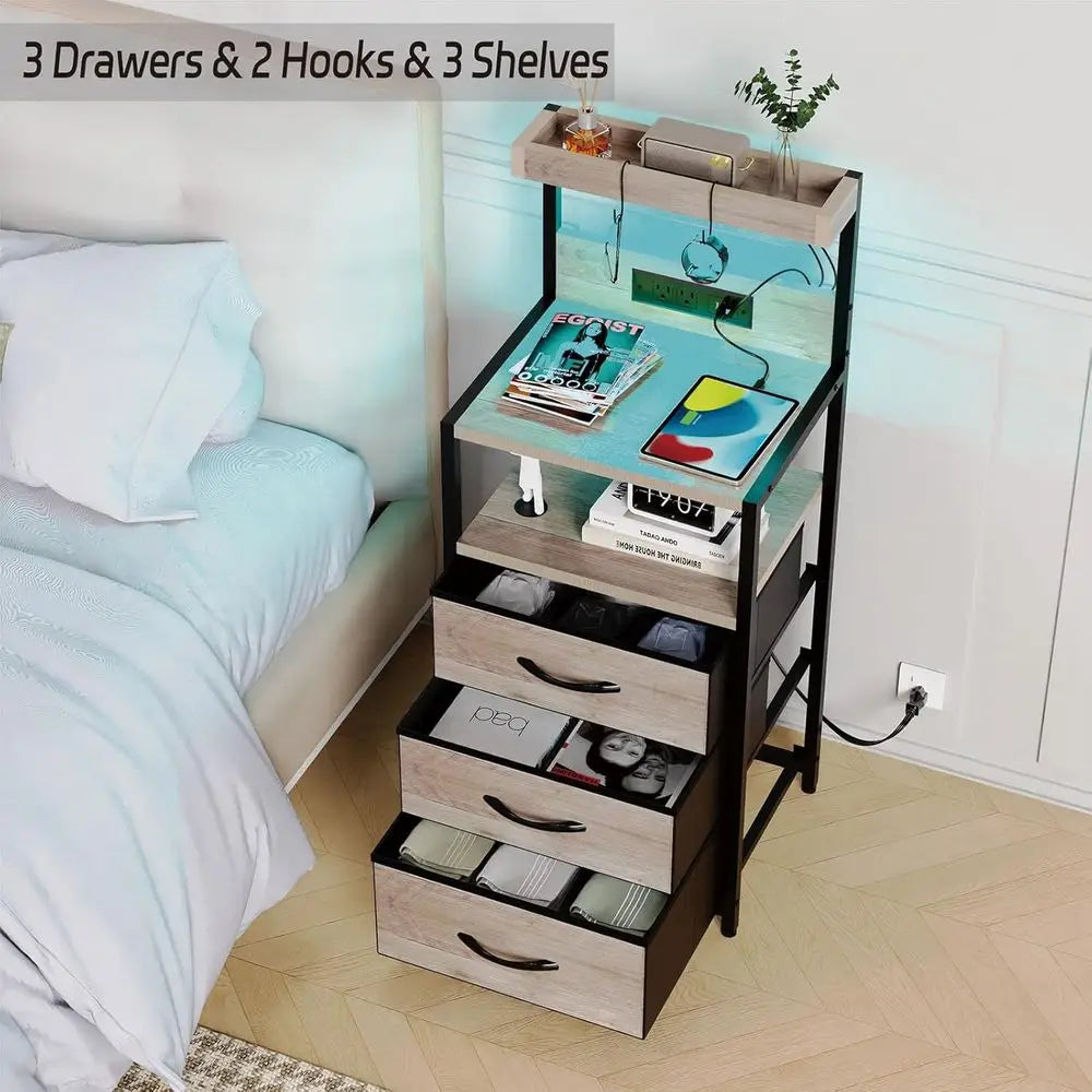 LED Lighted 3-Drawer Nightstand with Charger Station, Storage Shelves, and Hooks for Bedroom or Dorm