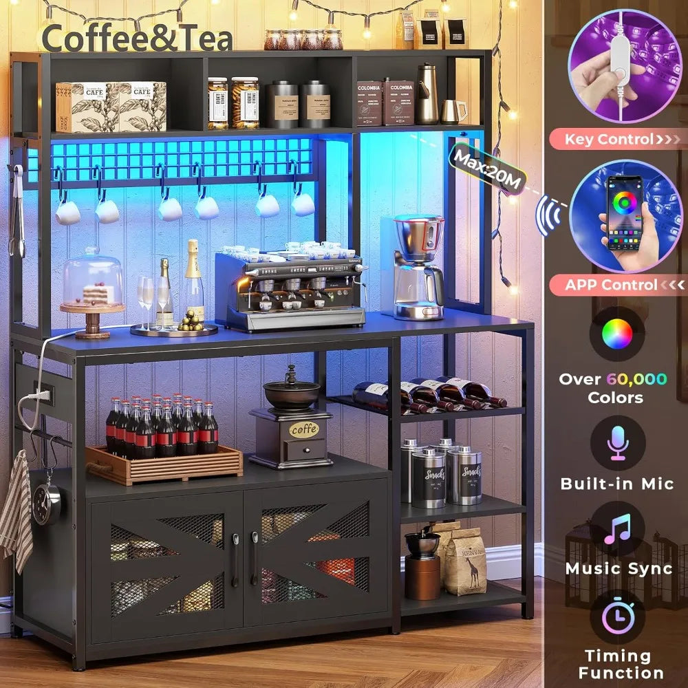 47.2 Inch Bakers Rack with Power Outlet, Microwave Stand with Storage, Farmhouse Coffee Bar Cabinet Station with Wine Rack