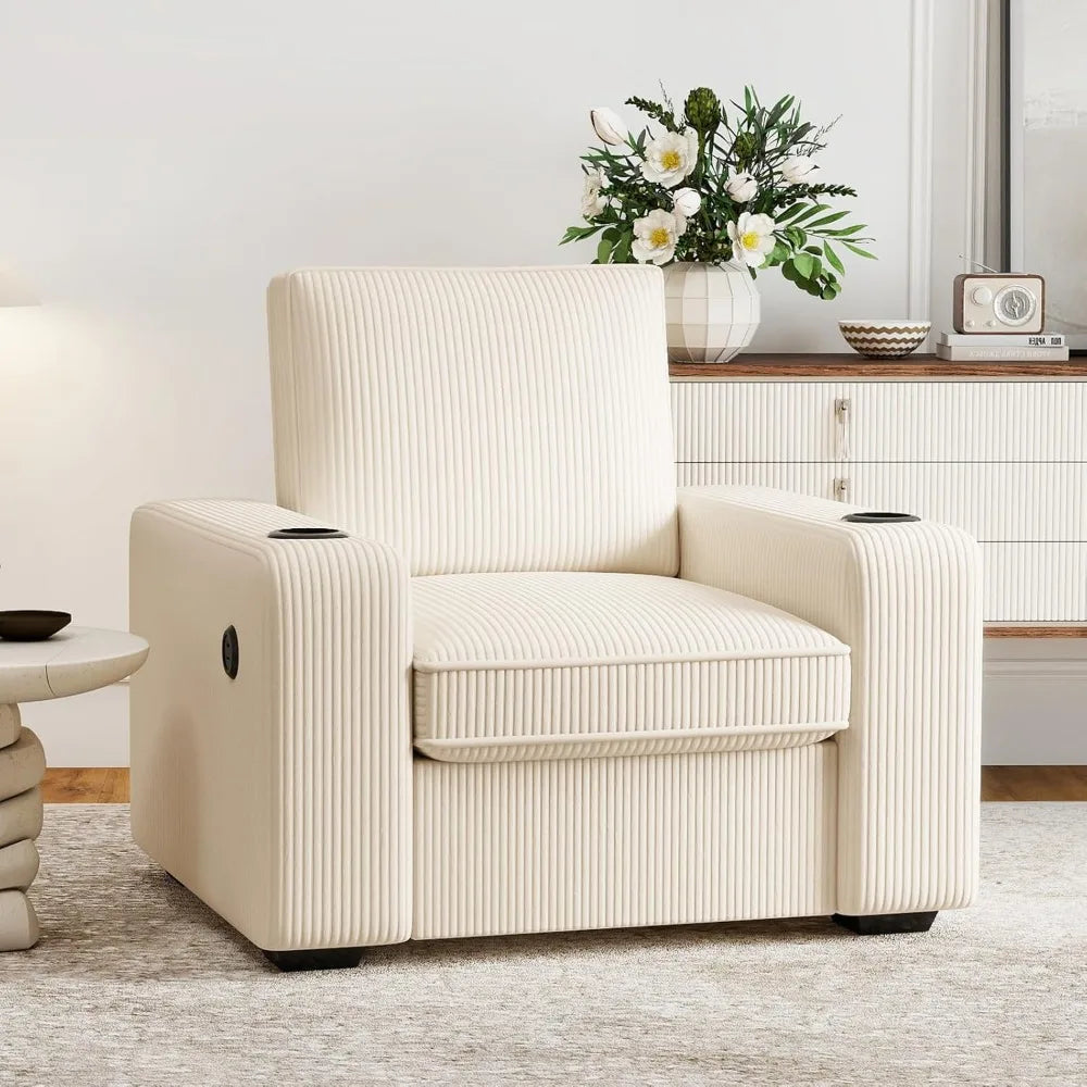 36" Wide Plush Accent Chair, with USB Charger & Cup Holder, Oversized Comfy Chair Tufted Corduroy Fabric