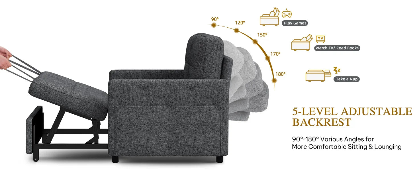 3-in-1 Sleeper Sofa with Pull-Out Bed, Linen Futon Couch with Adjustable Backrest and Side Pocket
