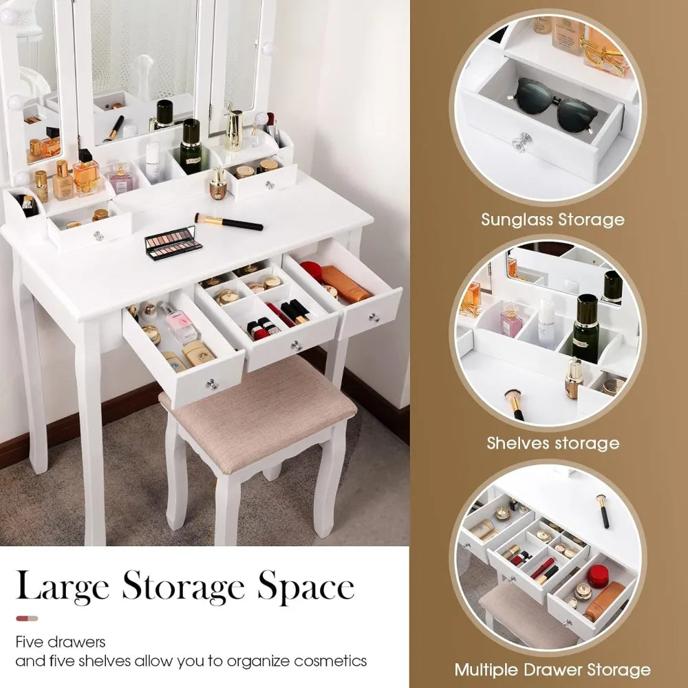Luminated Makeup Vanity Desk with Tri-Fold Mirror and White Finish