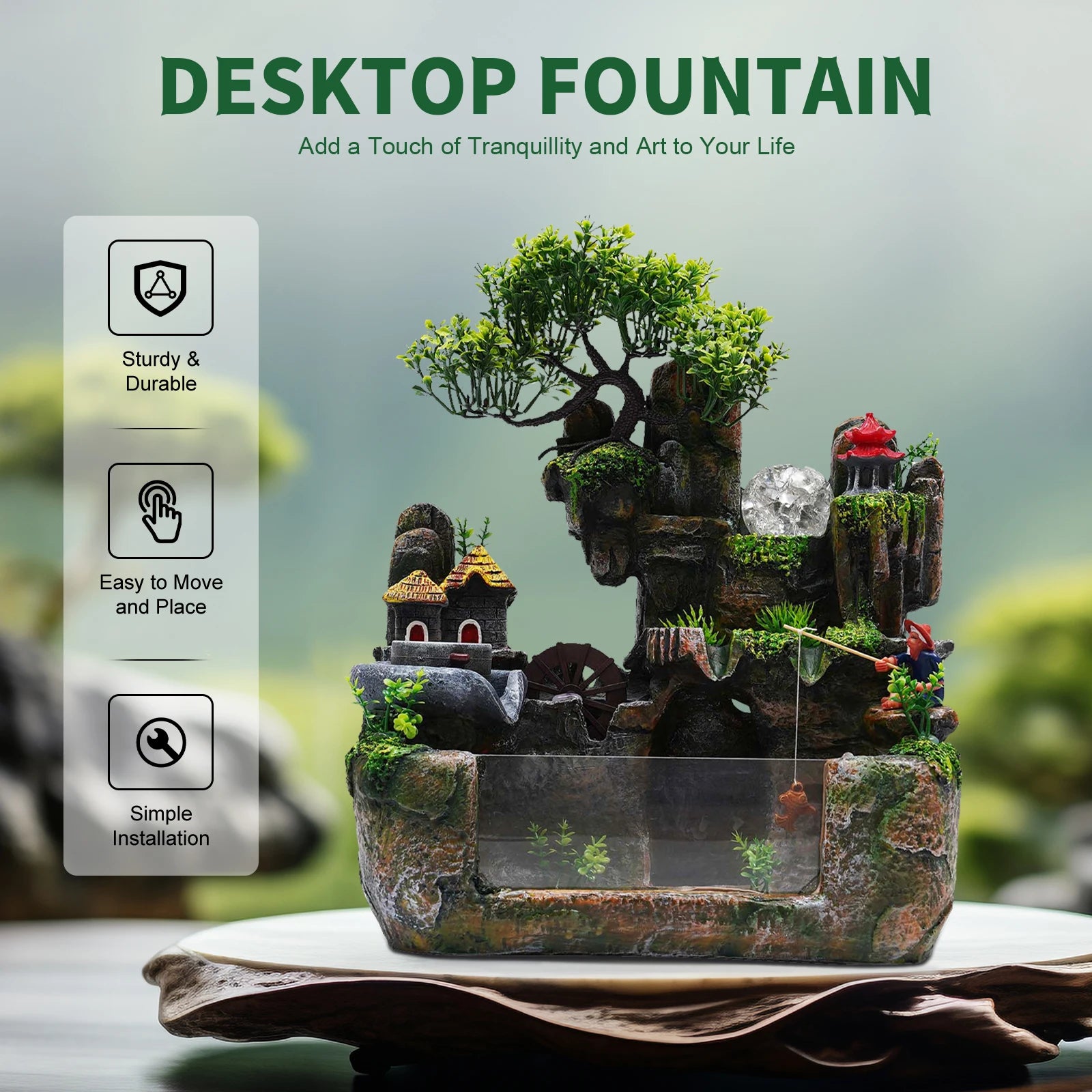 Lucky Feng Shui Money Tree Water Fountain, Circulating Fish Tank Waterfall with Resin Rockery, for Wealth Success & Home Decor Gift
