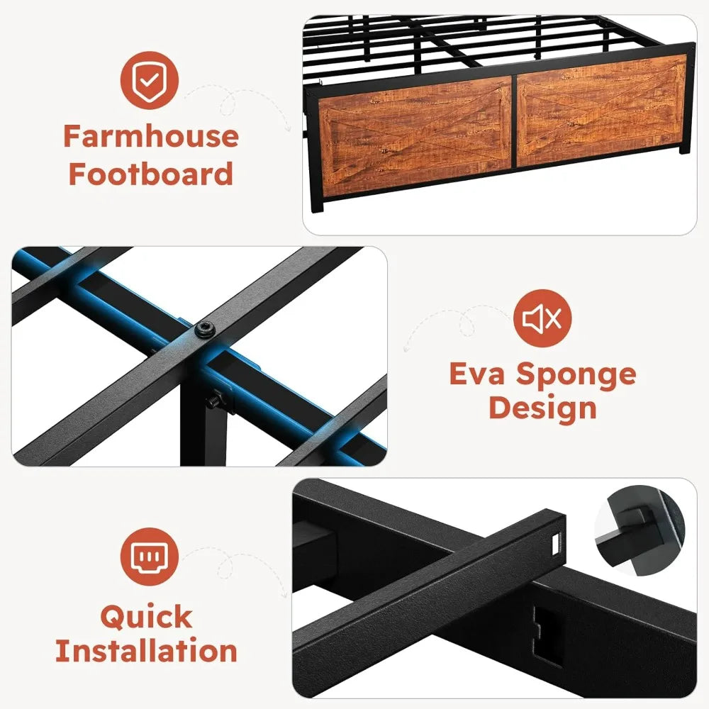 King Size Bed Frame with 12 Storage Drawers, LED Headboard, Charging Station, Metal Construction, No Box Spring Required, Quiet