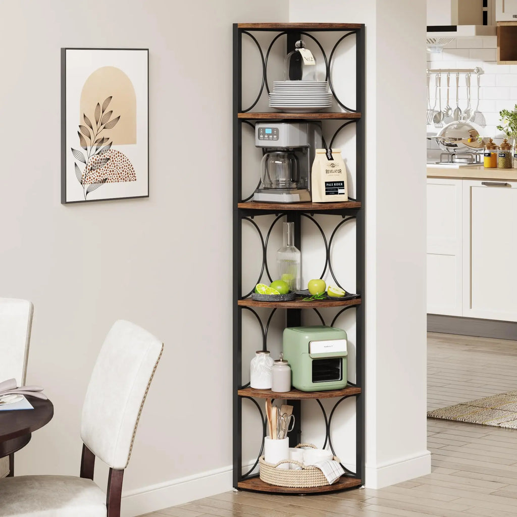 67 inch Tall Corner Shelf, 6 Tier Rustic Corner Bookshelf Bookcase, Storage Rack Standing Shelving Unit