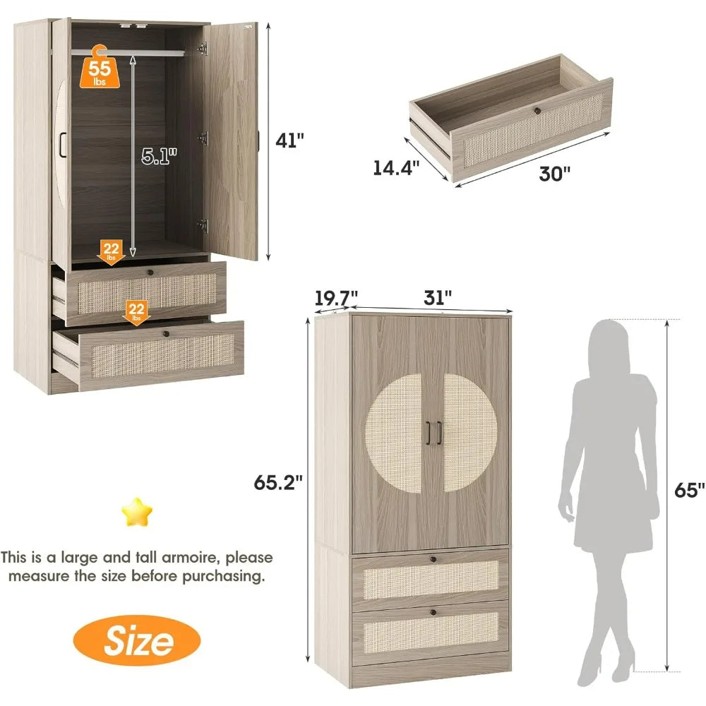 Large Wooden Boho Wardrobe with 2 Drawers, 65" High, Rattan Door Accents, and Hanging Rod for Bedroom