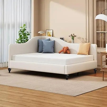 Full-Size Daybed Bed Frame with L-Shaped Linen Sofa Corner for Living and Guest Rooms, Solid Wood Legs, No Box Spring Need