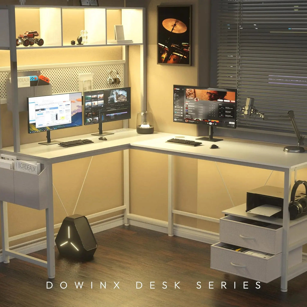 67” L-Shaped Gaming Desk with Pegboard & Drawers, Reversible Computer Desk with RGB Lights & Power Outlets
