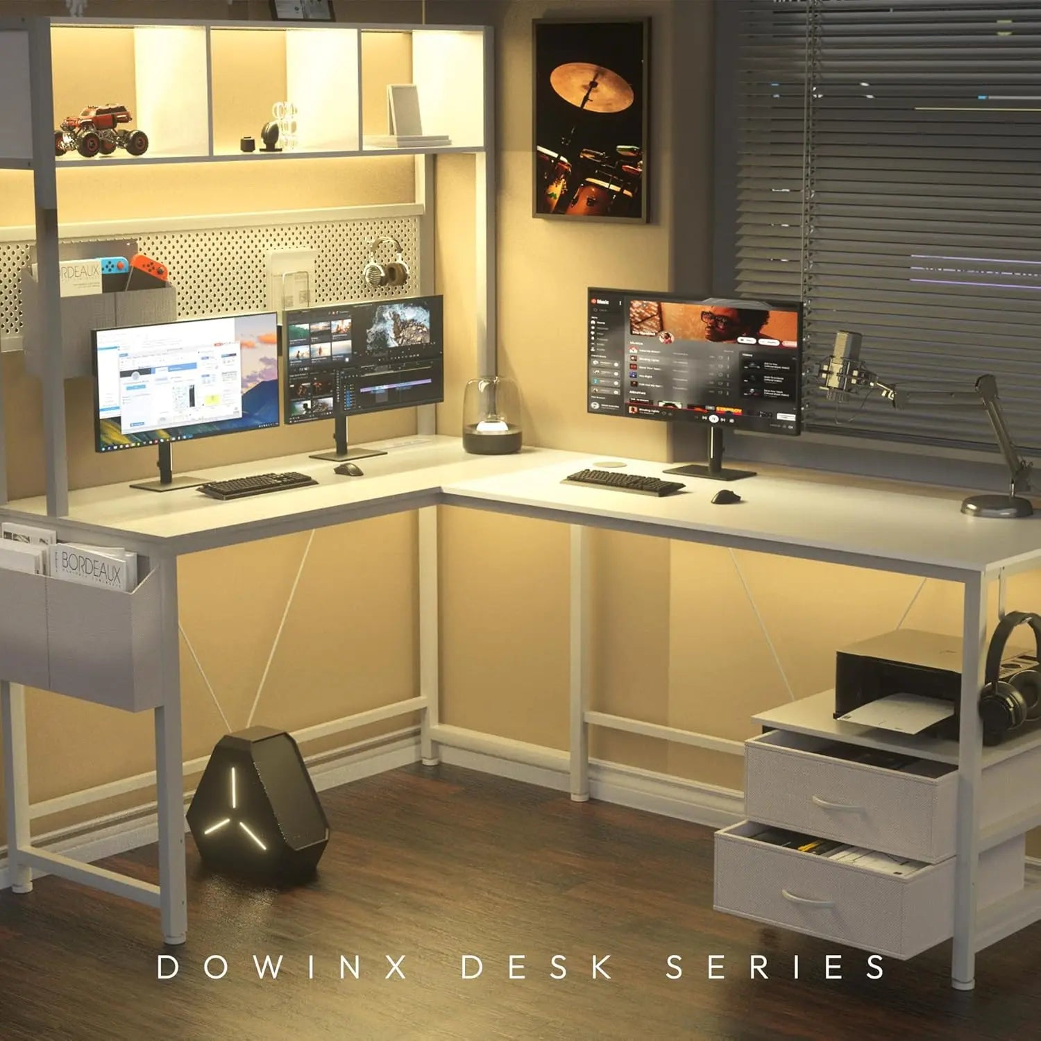 67” L-Shaped Gaming Desk with Pegboard & Drawers, Reversible Computer Desk with RGB Lights & Power Outlets