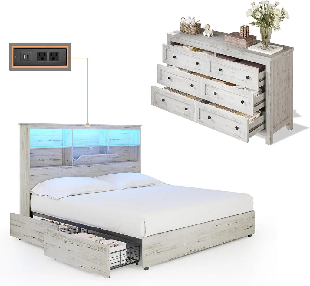 2-Piece Bedroom Set, Queen Bed Frame and 6 Drawer Dresser, Platform Bed with 51.2" LED Bookcase Headboard & 4 Under-Bed Drawers