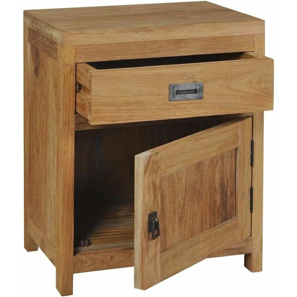 Teak Bedside Cabinet with Drawer and Cupboard, Rustic Hardwood Storage for Bedroom or Living Room, Durable Multi-Functional