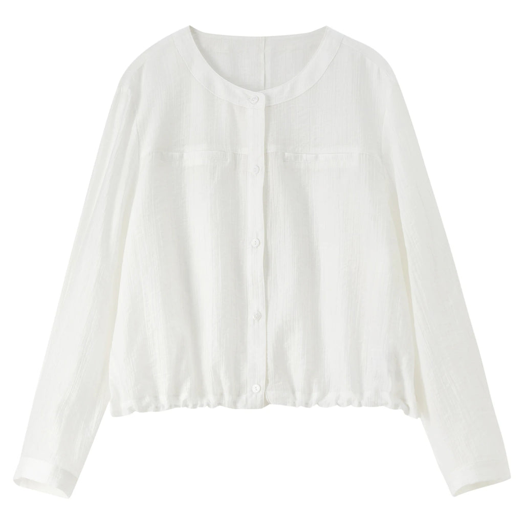 SENTUBILA Women's Oversized Lyocell Shirt 2026 Spring Summer Round Neck Long Sleeve Drawstring Sheer Casual Top 161WB5014