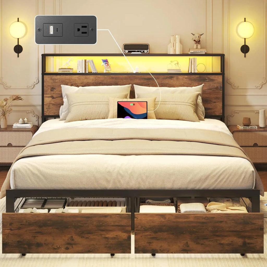 Full Bed Frame with 2-Tier Storage Headboard, Metal Bed Frame with Storage Drawers & Built-in Charging Station & LED