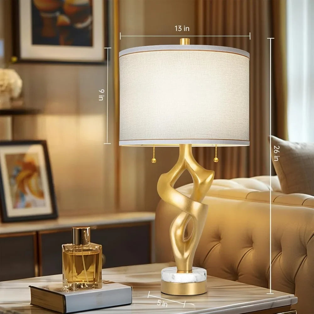 Customizable Scenekoy Sculptural Table Lamp Set of 2 for Living Room with Marble Base & USB Ports, Gold Leaf Finish Rustic