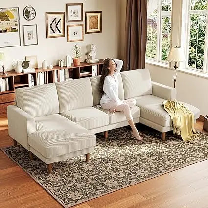 Beige U-Shaped Sectional Sofa with Chaises, Corduroy Fabric, Living Room Furniture, Easy Assembly, 4-Seat Loveseat