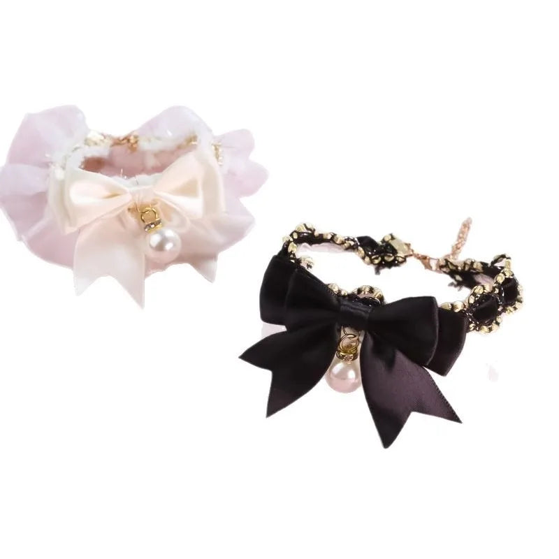 Lace Princess Cat Collar Necklace with Bow and Pearl Decoration Cute Kitten Jewelry Accessory