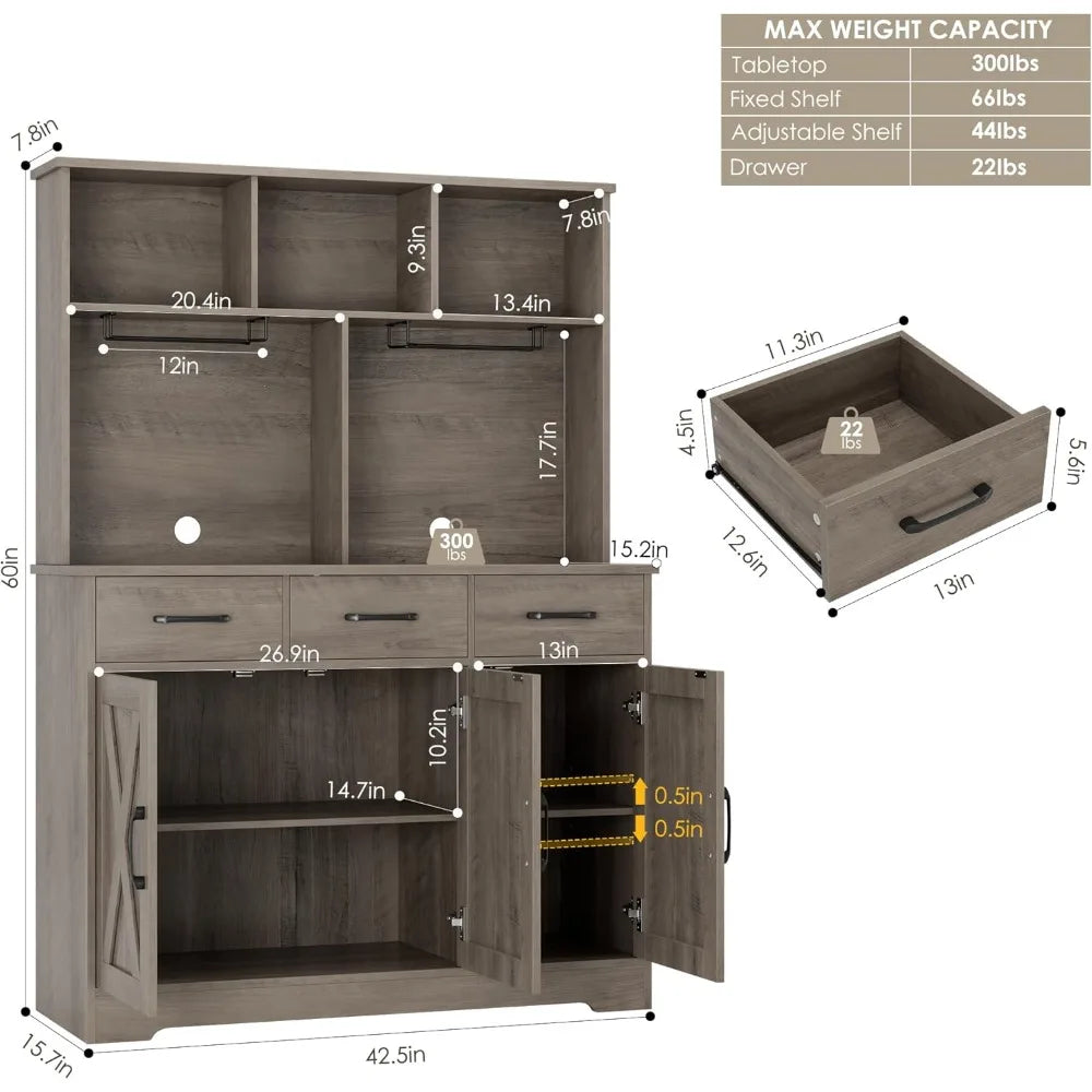 Buffet Cabinet with Hutch, Farmhouse Kitchen Buffet Sideboard Storage with 3 Drawers, Barn Door Coffee Bar Station/ Liquor