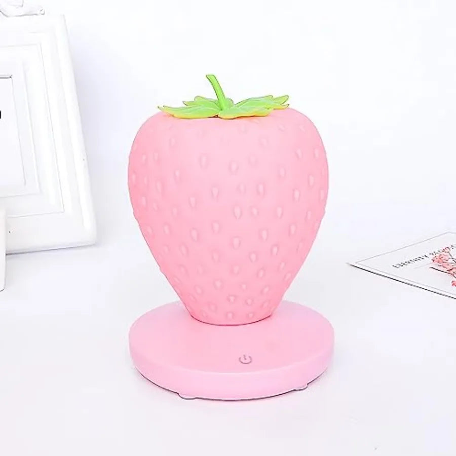 Strawberry Night Light Decor- LED Cute Silicone Strawberry Lamp - USB Rechargeable - 3 Modes Touch Bedside Color Changing Lamp
