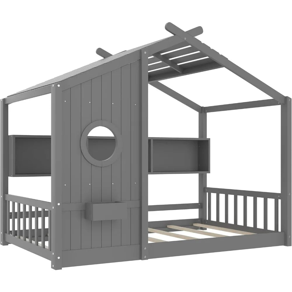 Twin-Sized Storage-Friendly Kids' Montessori Bed with Wooden House Frame and Roof
