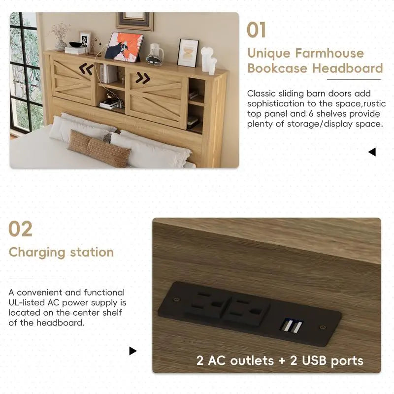 3-Piece Full Size Bedroom Set with Farmhouse Platform Bed, Double Sliding Door Storage Headboard with Charging Station,