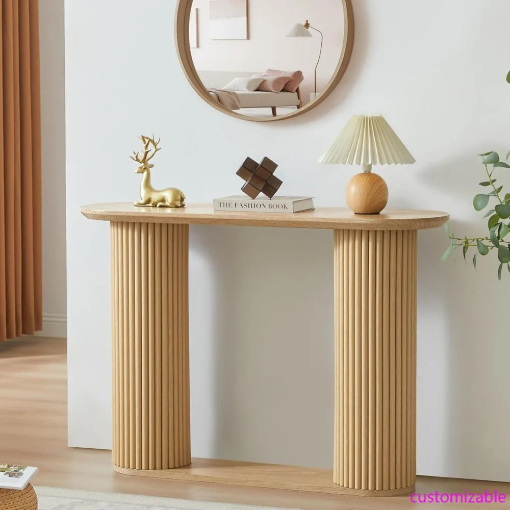 Rustic Oval Console Table with Curved Design, Storage Shelf and Fluted Legs for Entryway and Living Space