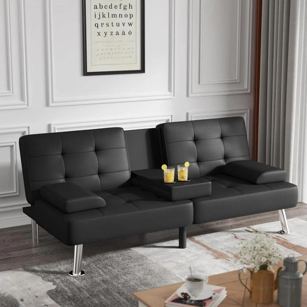 Modern Convertible Futon Sofa Bed with Folding Recliner and 2 Cup Holders, Removable Armrests