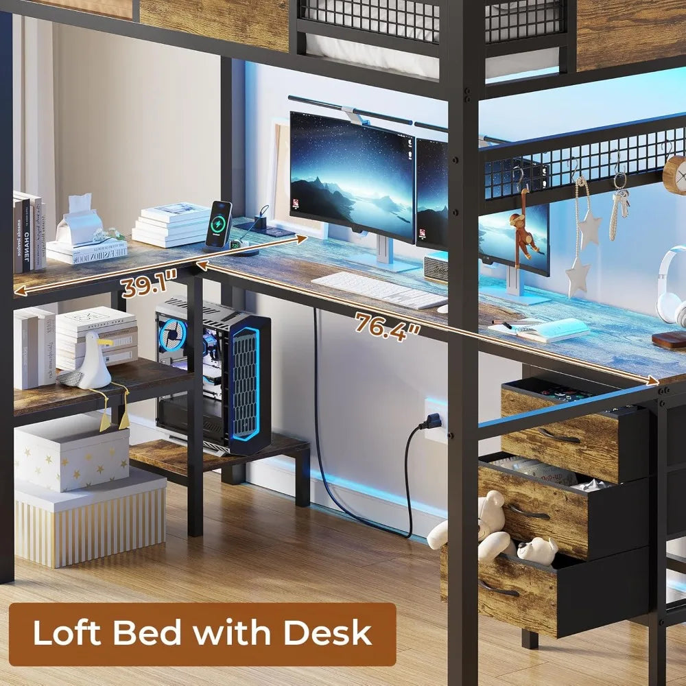 Twin Loft Bed with L-Shaped Desk, Metal Twin Size Bed Frame with LED Lights & Charging Sation, 3 Fabric Drawers, 2-Tier Storage