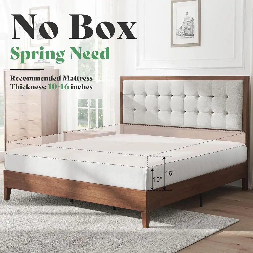 Mid-Century Walnut Solid Wood Bed Frame with Tufted Headboard, No Box Spring Needed